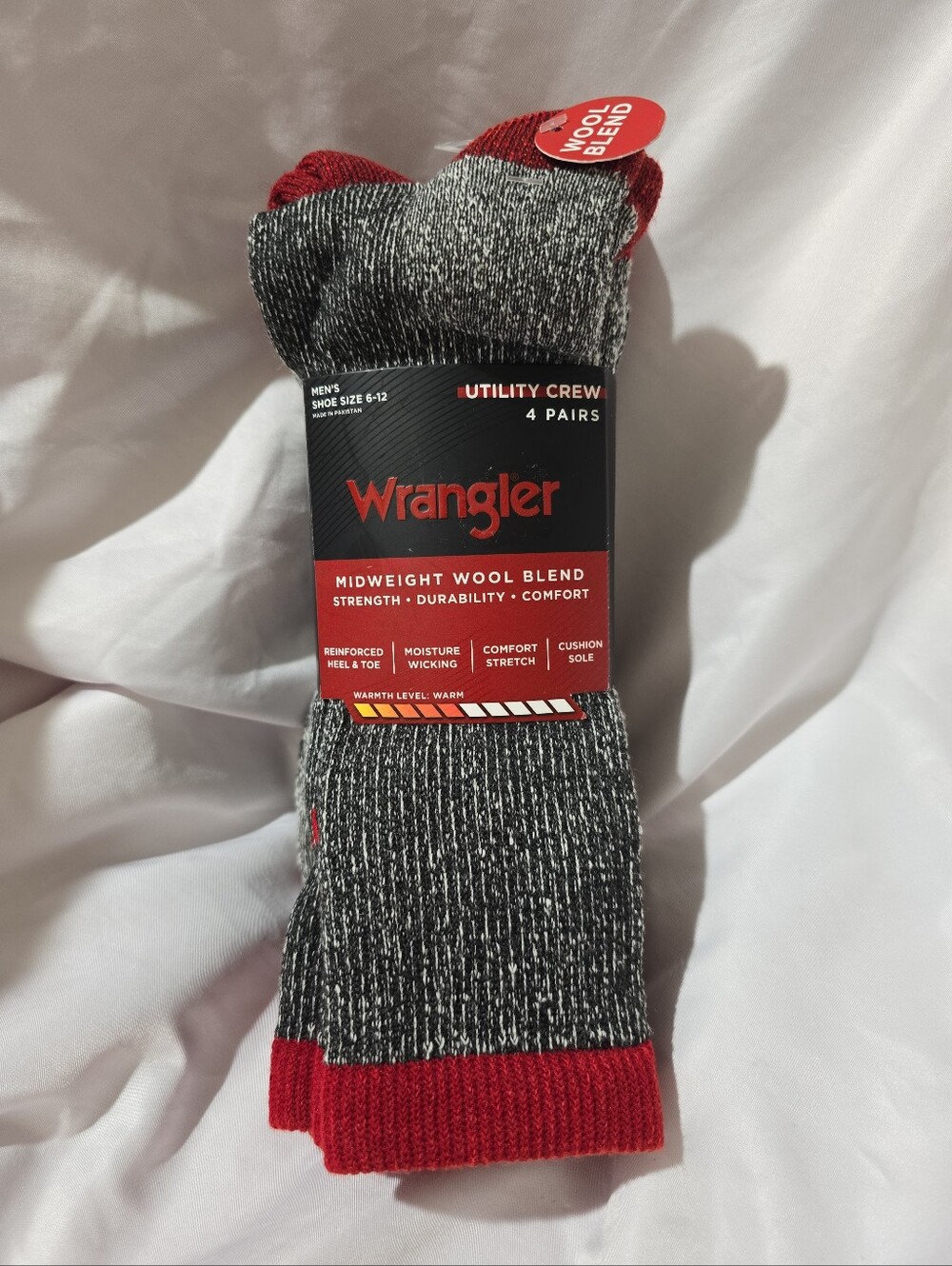 NWT Wrangler Men's Midweight Wool Blend 4 Pairs Utility Crew Socks Cushion Sole